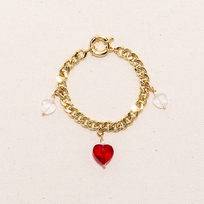 Joey Baby 18K Gold Plated Freshwater Pearls Chunky Chain with Glass Red Heart Charm - Kokoro Bracelet 7" For Women and Girls