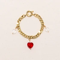 Joey Baby 18K Gold Plated Freshwater Pearls Chunky Chain with Glass Red Heart Charm - Kokoro Bracelet 7" For Women and Girls