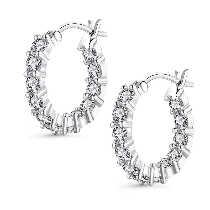Genevive Sterling Silver White Gold Plated Cubic Zirconia Inside-Out Round Chunky Hoop Earrings