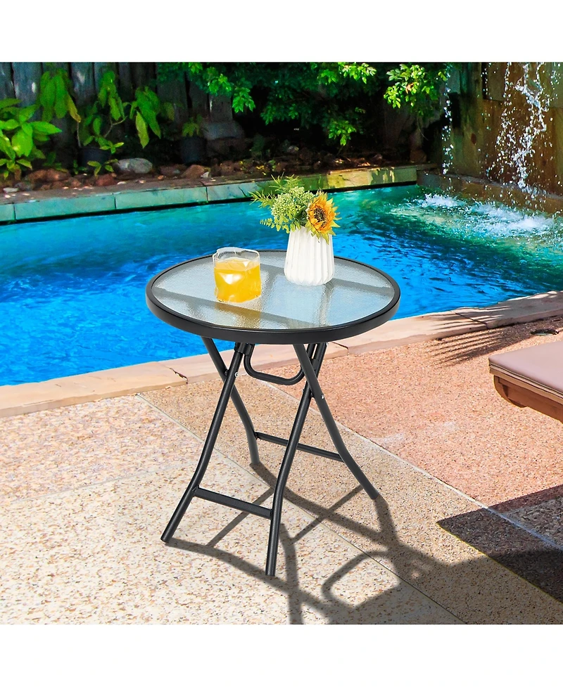 Patio Folding Round Glass Side Table Bistro Coffee Table Plant Stand