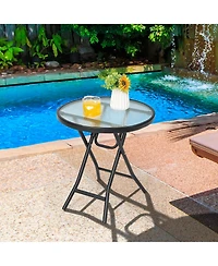 Patio Folding Round Glass Side Table Bistro Coffee Table Plant Stand