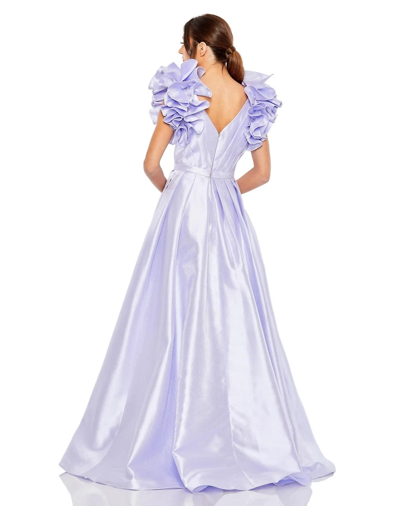 Mac Duggal Women's Flutter Sleeve V Neck Front Slit Ball Gown