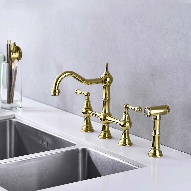 Streamdale Furniture Bridge Dual Handles Kitchen Faucet With Pull-Out Side Spray