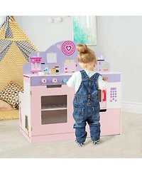 Costway 2 in 1 Kids Play Kitchen & Cafe Restaurant Wooden Pretend Cooking Playset Toy