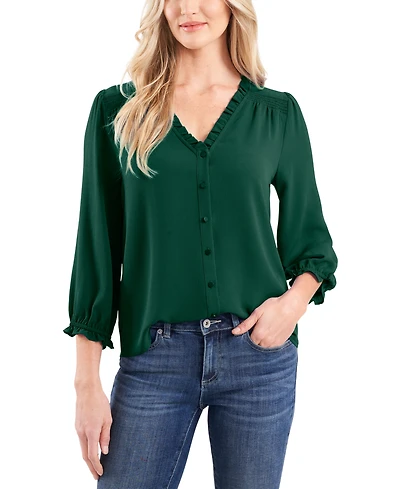 CeCe Women's Ruffled Button Front 3/4-Sleeve Blouse
