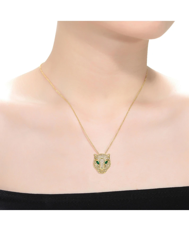 14k Yellow Gold Plated with Green & Cubic Zirconia 3D Panther Head Pendant Layering Necklace
