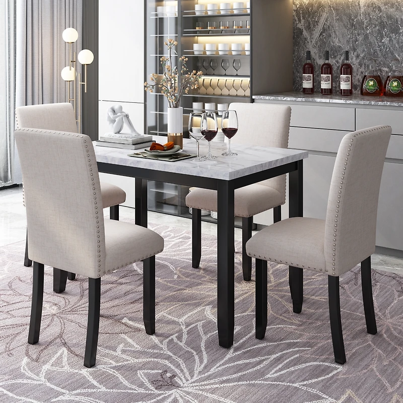 Streamdale Faux Marble 5-Piece Dining Set Table with 4 Thicken Cushion Dining Chairs Home Furniture, White/Light Gray+Black