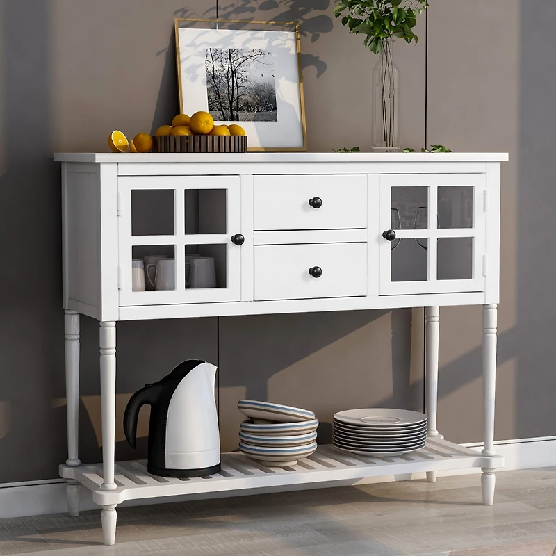 Sideboard Console Table With Bottom Shelf, Farmhouse Wood/Glass Buffet Storage Cabinet Living