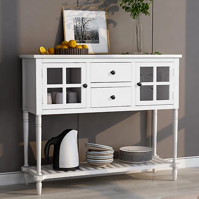 Sideboard Console Table With Bottom Shelf, Farmhouse Wood/Glass Buffet Storage Cabinet Living
