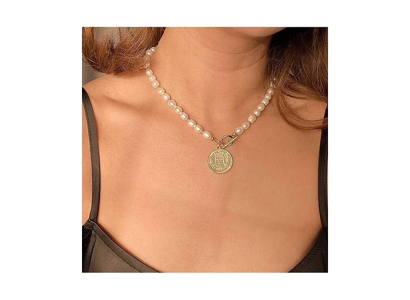 18K Gold Plated Freshwater Pearls with a Coin Pendant - Giorgia Pearl Necklace 17" For Women