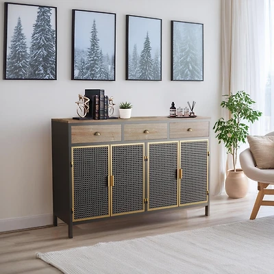 4 Doors Modern Sideboard With 3 Top Drawers, Freestanding Sideboard Storage Cabinet Entryway