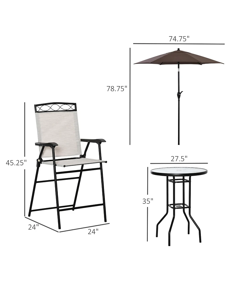 Outsunny 4 Piece Outdoor Patio Dining Furniture Set, 2 Folding Chairs, Adjustable Angle Umbrella, Wave Textured Tempered Glass Dinner Table