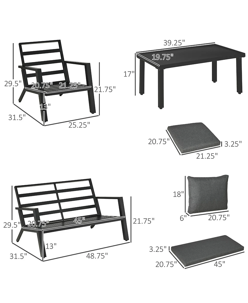 Outsunny 4pc Outdoor Furniture Set, Sofa, 2 Chairs, Table, Cushions,