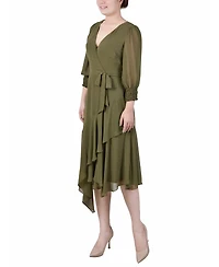 Ny Collection Women's 3/4 Sleeve Belted Chiffon Handkerchief Hem Dress
