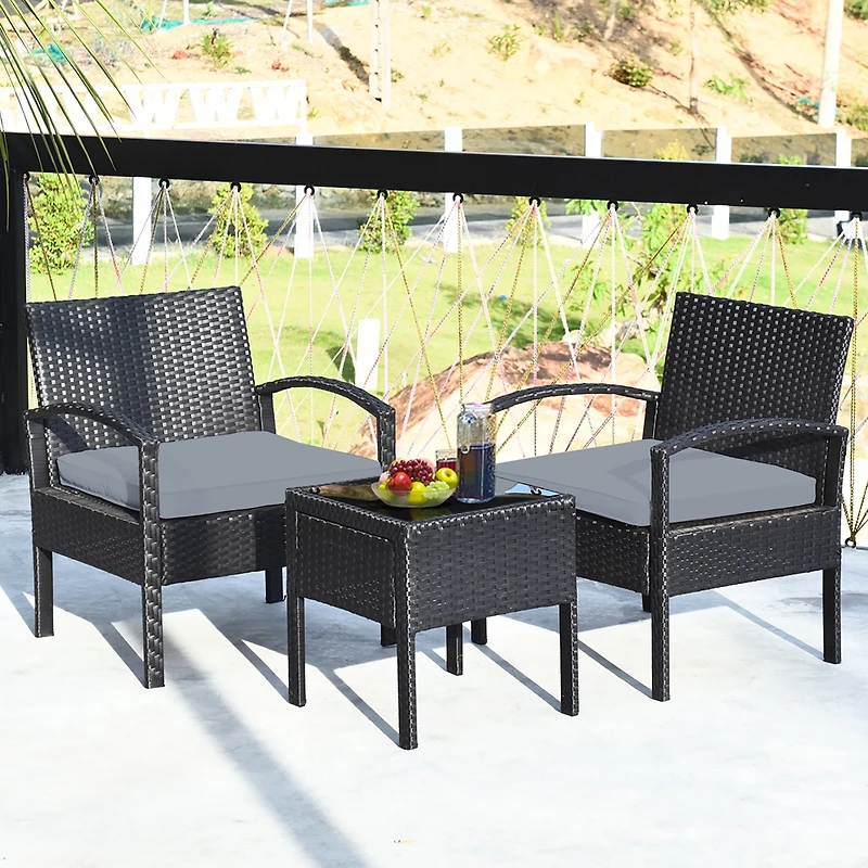 3PCS Patio Rattan Furniture Set Coffee Table Conversation Sofa Cushioned