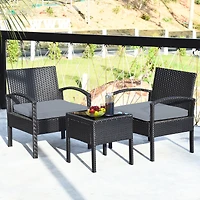 3PCS Patio Rattan Furniture Set Coffee Table Conversation Sofa Cushioned