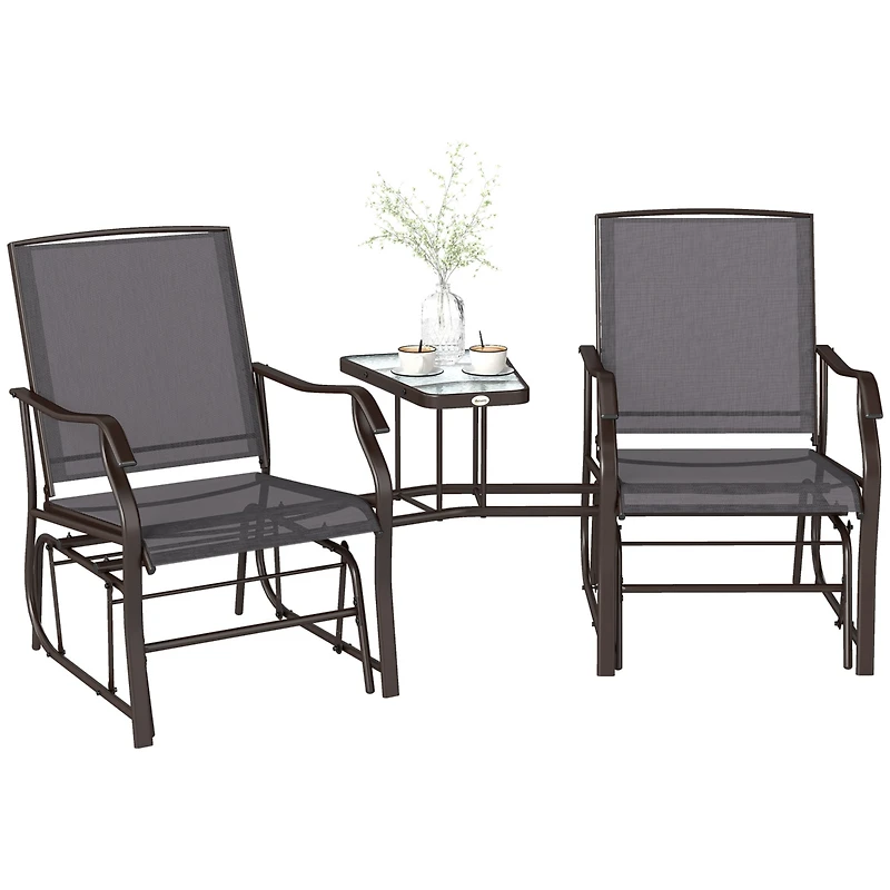 Outsunny Outdoor Glider Chairs with Coffee Table, Patio 2-Seat Rocking Chair Swing Loveseat with Breathable Sling for Backyard, Garden and Porch, Grey