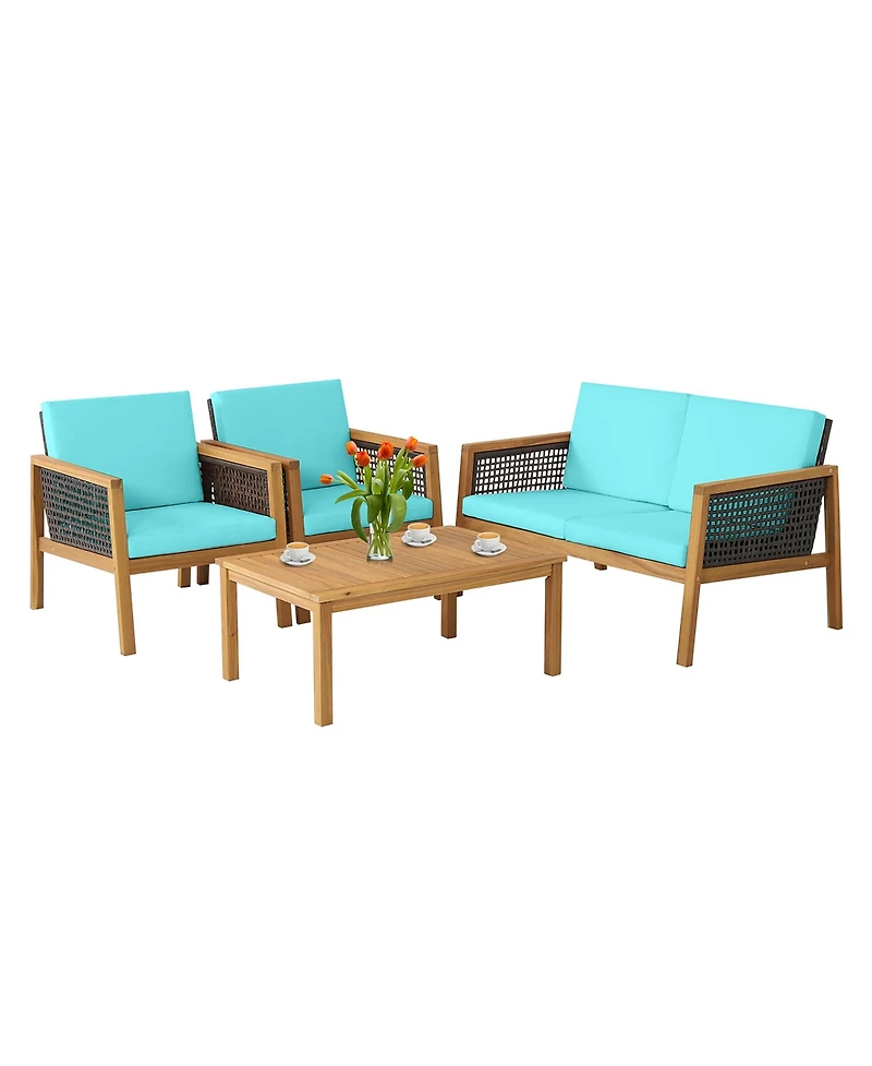 Costway 4PCS Patio Rattan Furniture Set Acacia Wood Cushioned Sofa