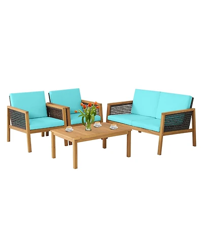 Costway 4PCS Patio Rattan Furniture Set Acacia Wood Cushioned Sofa