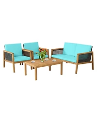 Costway 4PCS Patio Rattan Furniture Set Acacia Wood Cushioned Sofa