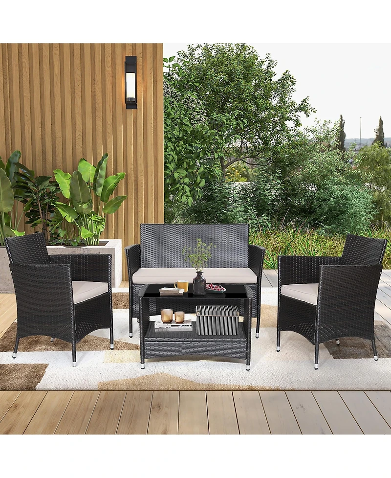 4PCS Patio Rattan Furniture Set Armrest Cushion Sofa Coffee Table withShelf Garden