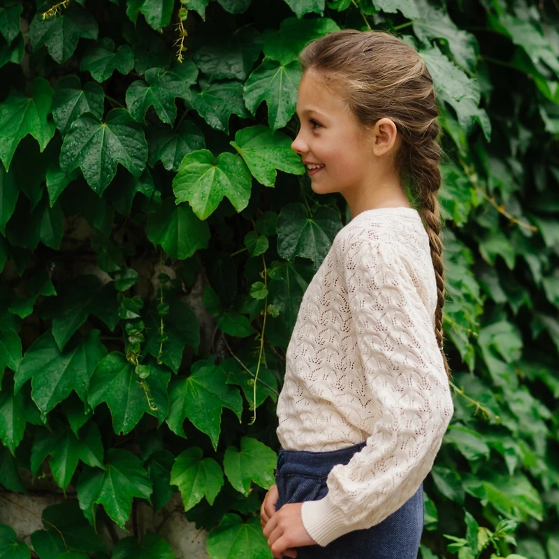 Hope & Henry Girls Long Balloon Sleeve Pointelle Pullover Sweater