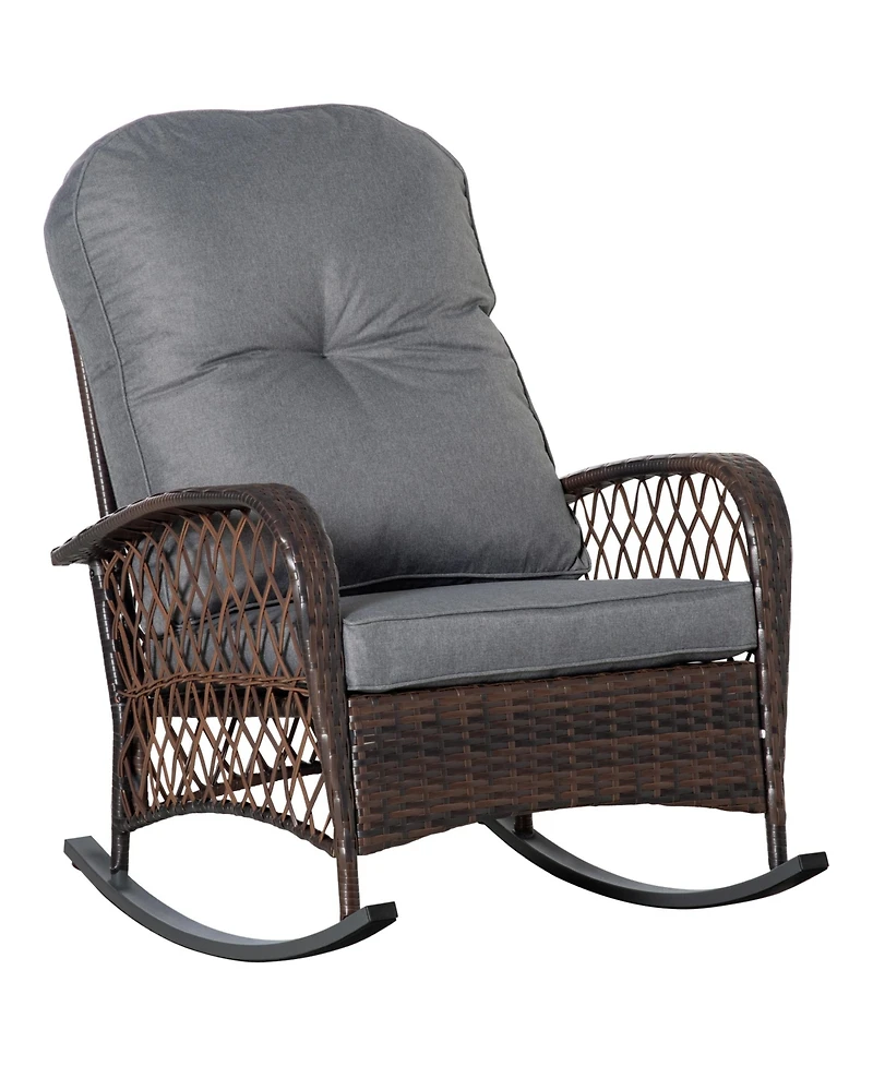 Outsunny Outdoor Wicker Rocking Chair Wide Cushion, Steel Frame,