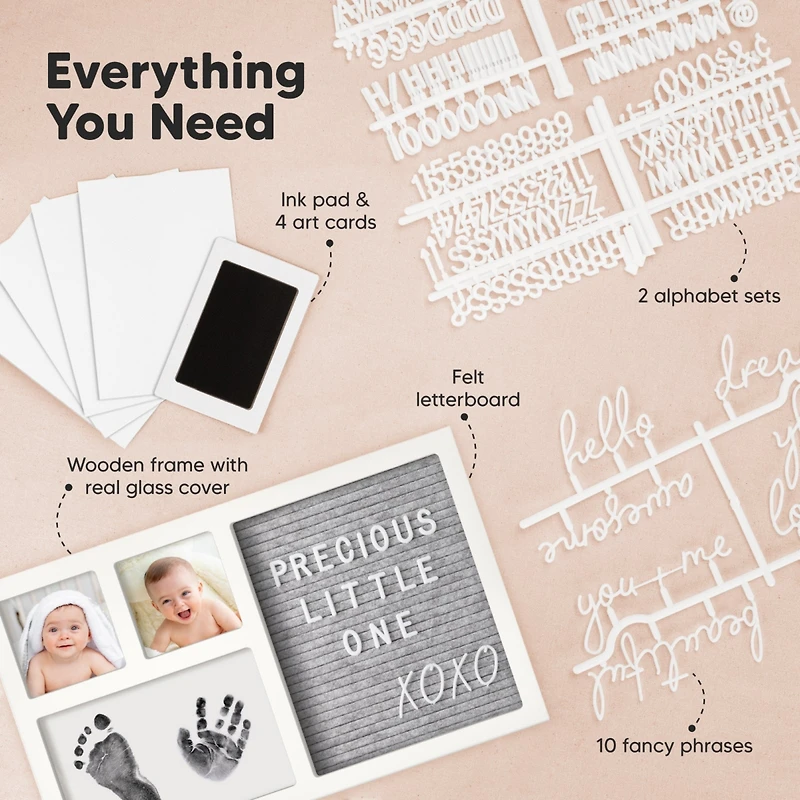 Heartfelt Inkless Baby Hand & Footprint Frame Kit with Letterboard, Dog Paw Print, Baby Shower Gifts for New-Moms