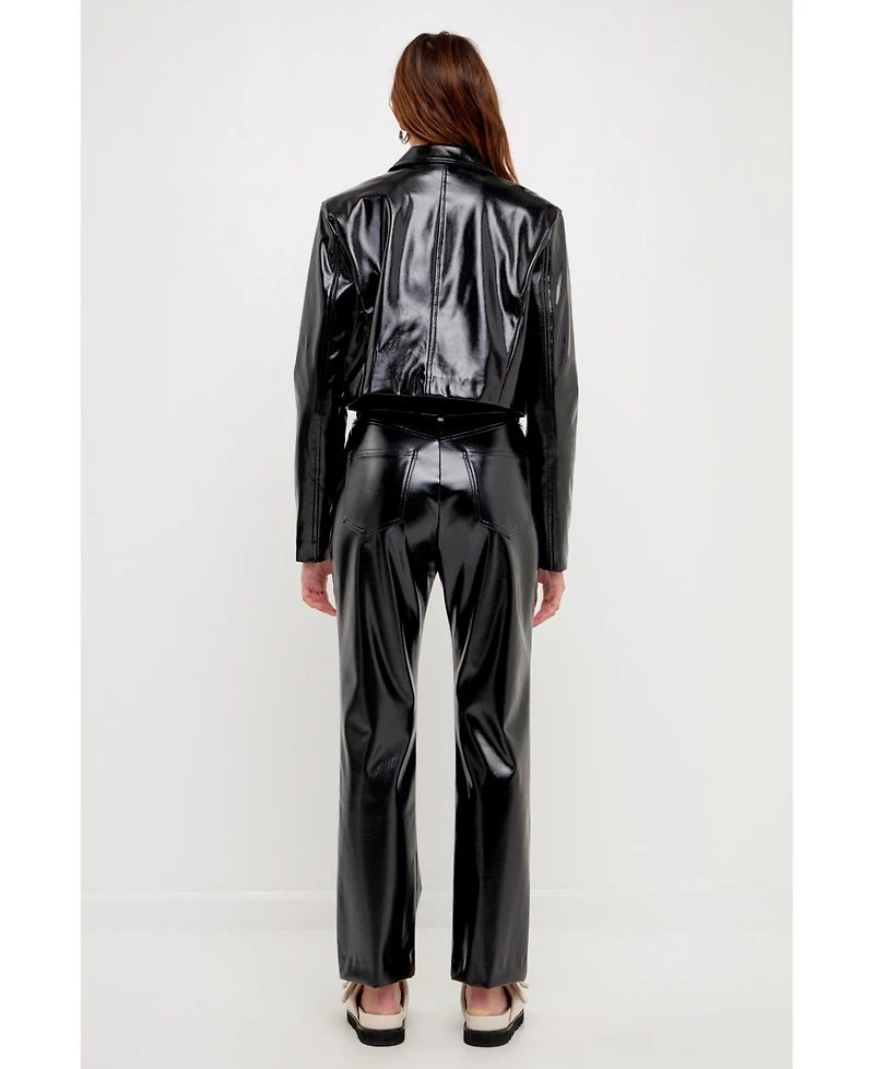 Grey Lab Women's Shiny Faux Leather Cropped Jacket