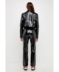 Grey Lab Women's Shiny Faux Leather Cropped Jacket