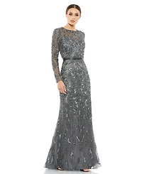 Mac Duggal Women's Beaded Long Sleeve Evening Gown