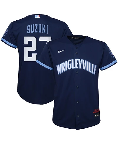 Preschool Boys and Girls Nike Seiya Suzuki Navy Chicago Cubs City Connect Script Replica Player Jersey