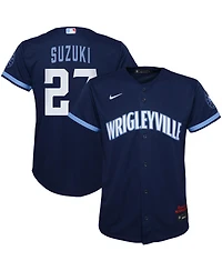Preschool Boys and Girls Nike Seiya Suzuki Navy Chicago Cubs City Connect Script Replica Player Jersey