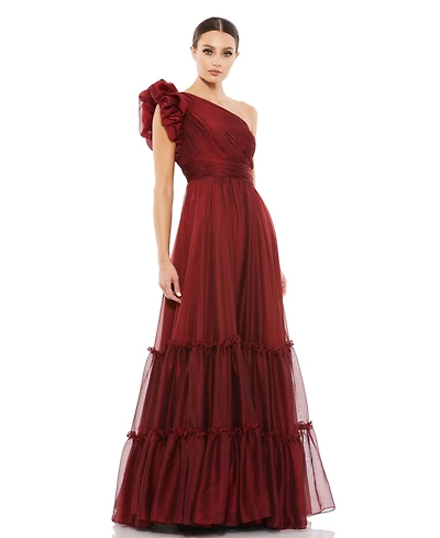 Mac Duggal Women's Ruffled One Shoulder Tiered Chiffon Gown