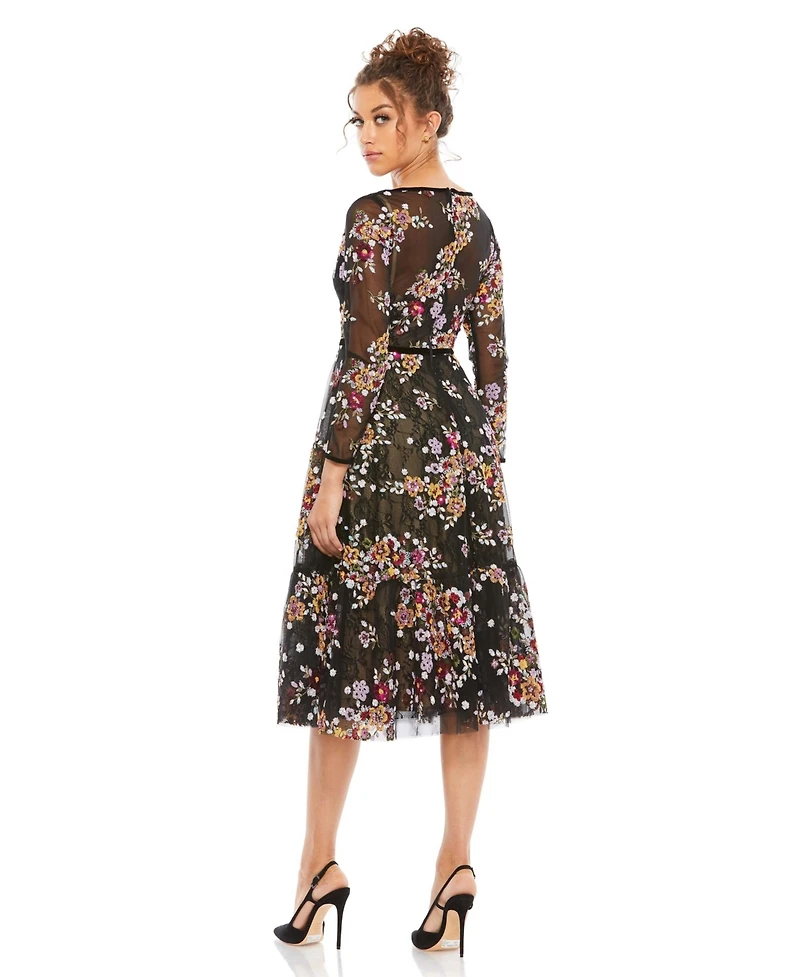Mac Duggal Women's Black Floral Embroidered Tea Length Dress
