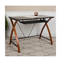 Glass Computer Desk-Pull-Out Keyboard Tray & Crisscross Frame