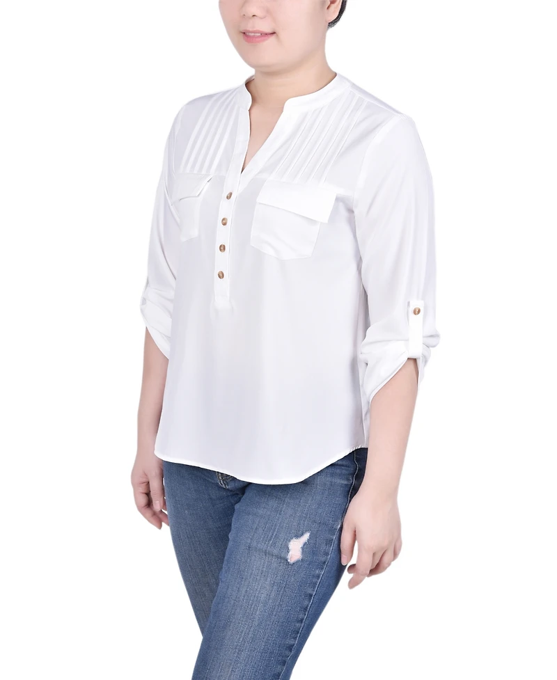 Ny Collection Petite Long Tab-Sleeve Blouse with Pockets