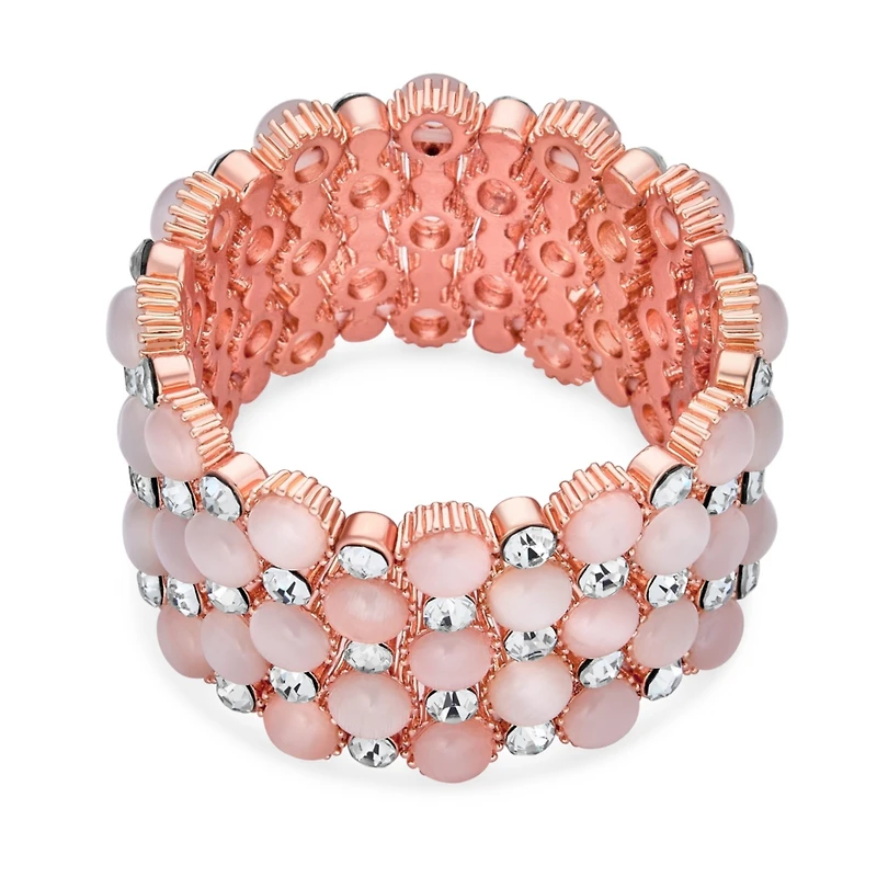 Bling Jewelry Holiday Fashion Wide Cuff Pink Rose Gold Plated Pink Cats Eye Crystal Statement Stretch Bracelet Prom