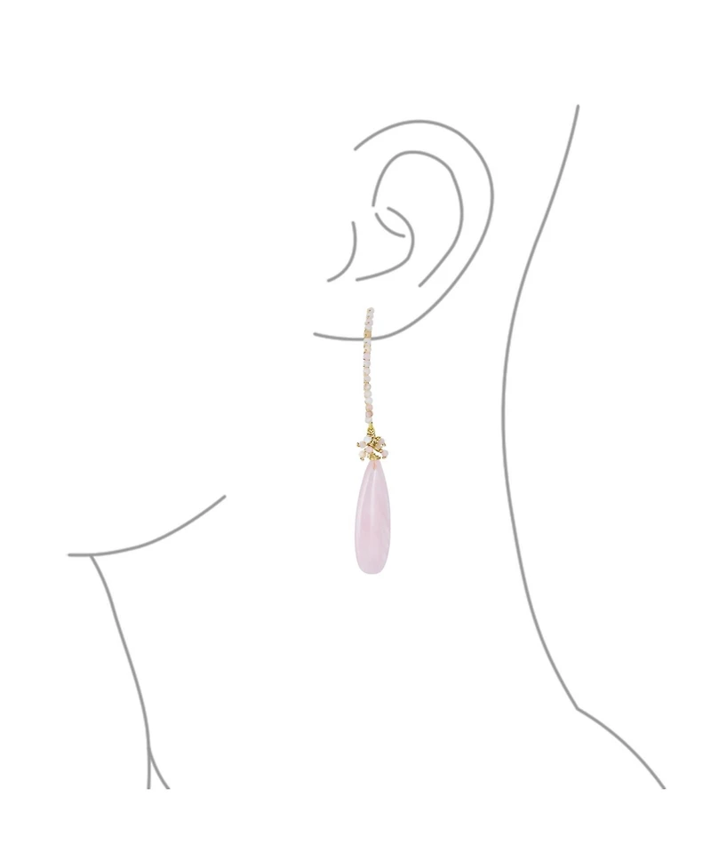 Bling Jewelry Boho Wire Wrap Cluster Bead Accent Elongated Fish Hook Soft Light Pink Peach Natural Rose Quartz Long Teardrop Chandelier Dangle Earring