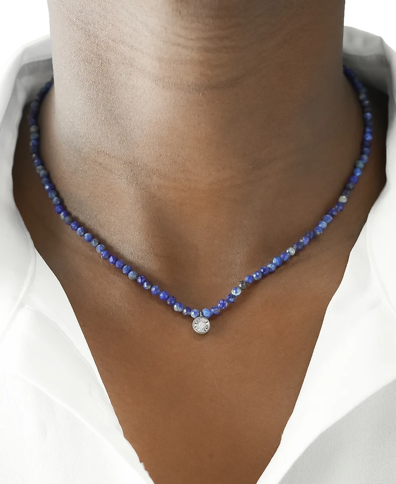 Black Spinel & Diamond Accent Beaded 17" Pendant Necklace in Sterling Silver (Also in Turquoise, Lapis Lazuli, & Jade)