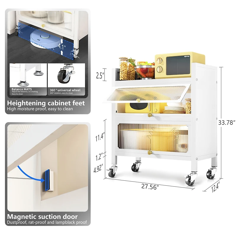 2 Door Accent Cabinet, 3 Tier Kitchen Organizer Shelf, White