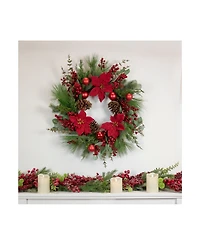 Artificial Berry and Poinsettia Christmas Wreath 28" Unlit