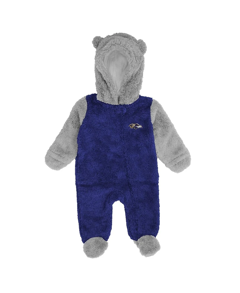 Newborn and Infant Boys and Girls Purple, Gray Baltimore Ravens Game Nap Teddy Fleece Bunting Full-Zip Sleeper
