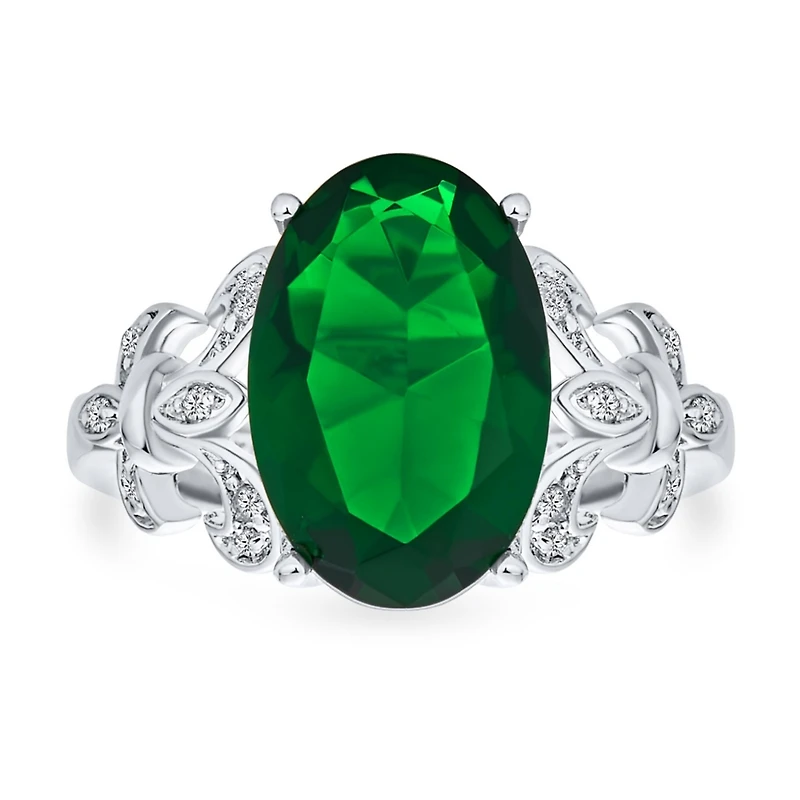 Bling Jewelry Fleur De Lis Pave Accent Cz Estate Large Oval Solitaire 7CT Cubic Zirconia Green Cocktail Statement Ring