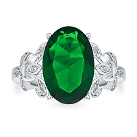 Bling Jewelry Fleur De Lis Pave Accent Cz Estate Large Oval Solitaire 7CT Cubic Zirconia Green Cocktail Statement Ring