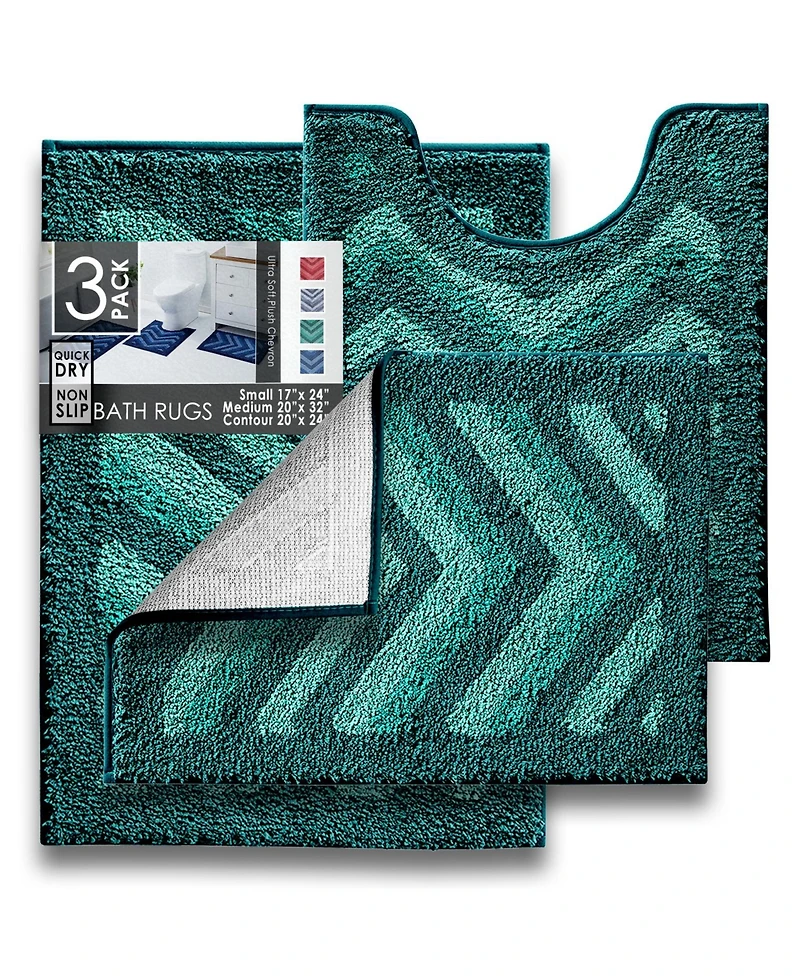 3 Piece Ultra Soft Non Slip Shaggy Bath Rug - Chevron Design Small, Large & Contour
