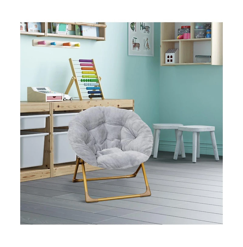 Io Kid'S Folding Saucer Chair With Cozy Faux Fur Upholstery And Metal Frame For Playroom, Bedrooms, Nursery More