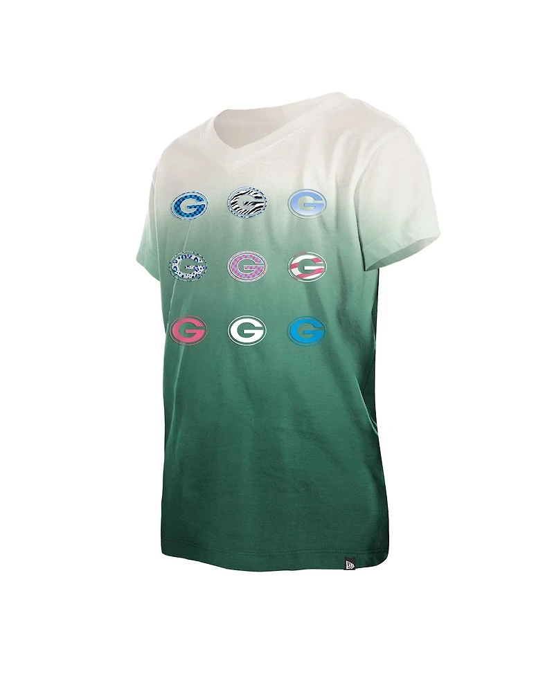 Big Girls New Era Green Green Bay Packers Multi Logo Ombre V-Neck T-shirt