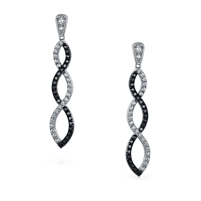 Bling Jewelry Black White Cubic Zirconia Pave Long Infinity Twist Drop Earrings Prom Cocktail Party Cz