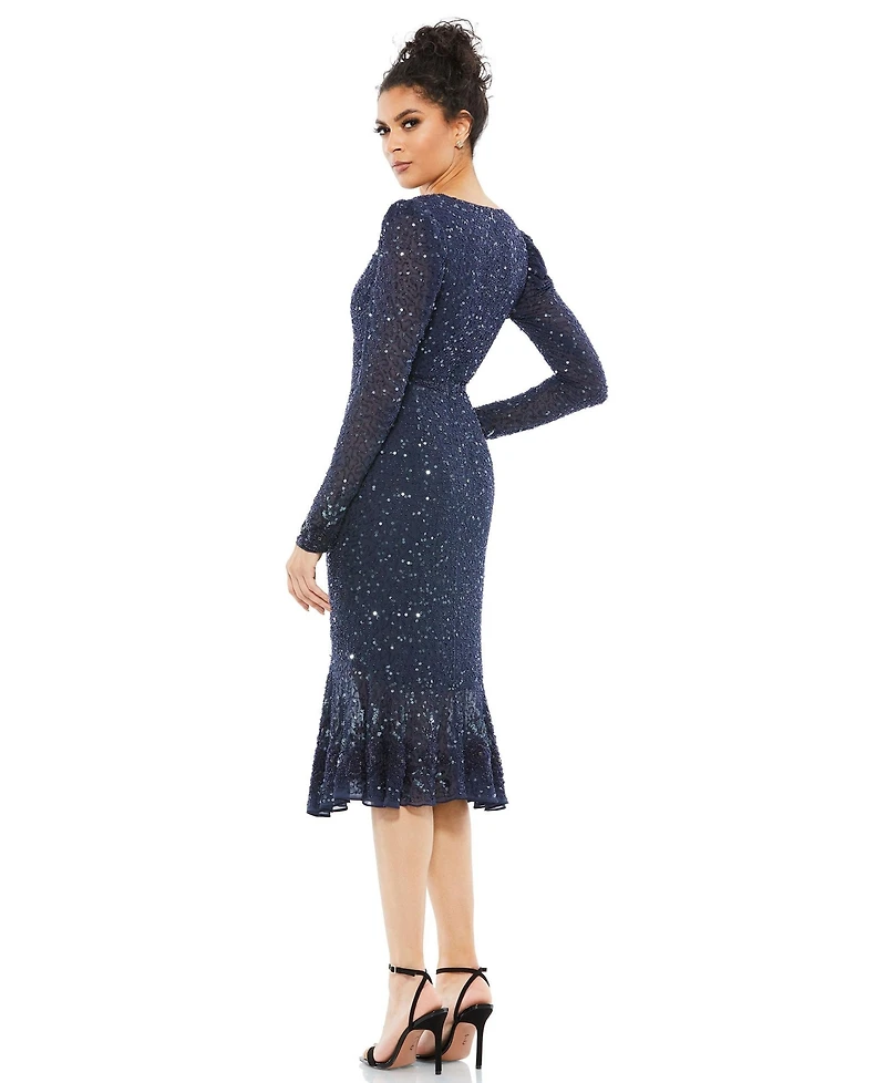 Mac Duggal Women's Sequin Gown with Embellished Hemline and Belt